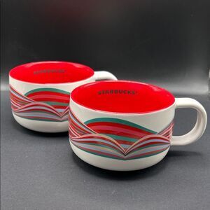 Set 2 Starbucks 2024 Candy Twist Red Green White Striped Mugs Soup Bowls 16oz.